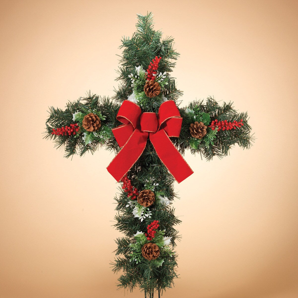 24”H Pinecone, Holly & Berries Cross w/ Yard Stake