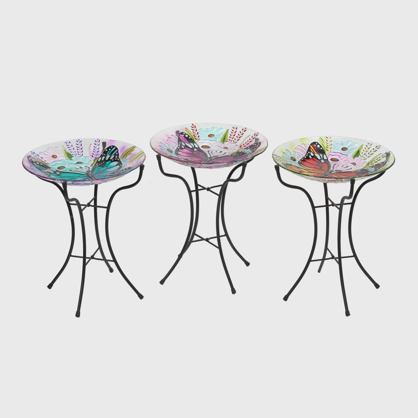 19.6"H Fused Glass Butterfly Design Birdbath w/ Metal Stand