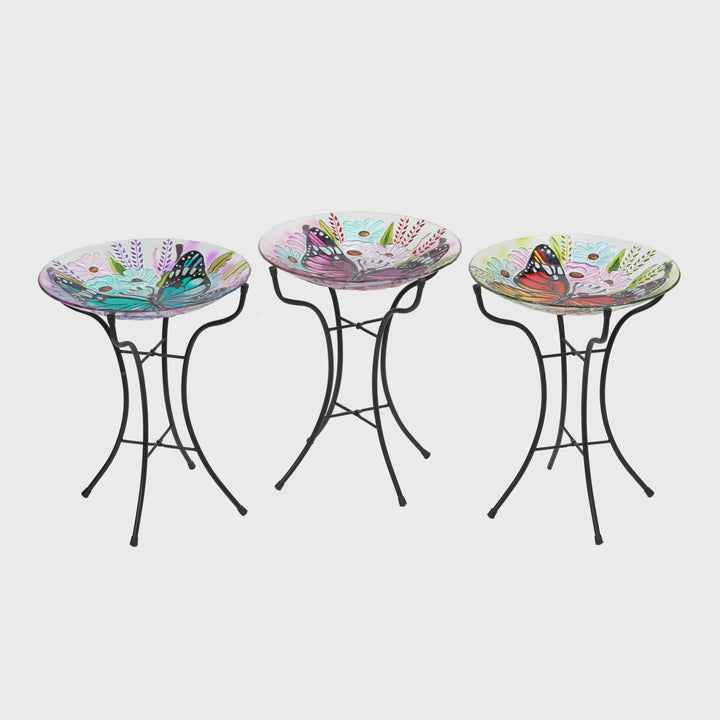 19.6"H Fused Glass Butterfly Design Birdbath w/ Metal Stand