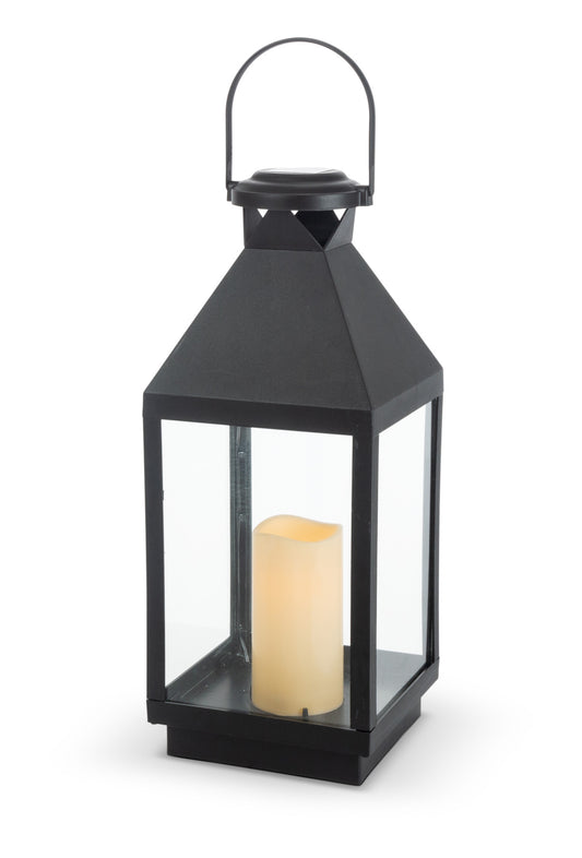 11"H Black Plastic Solar Lantern with Glass Panes with Candle