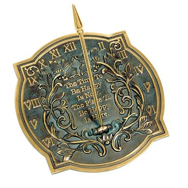 Brass Happiness Sundial - 10in Diam - Solid Brass with Verdigris Highlights