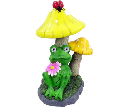 Sitting Frog Relaxing Under Mushrooms