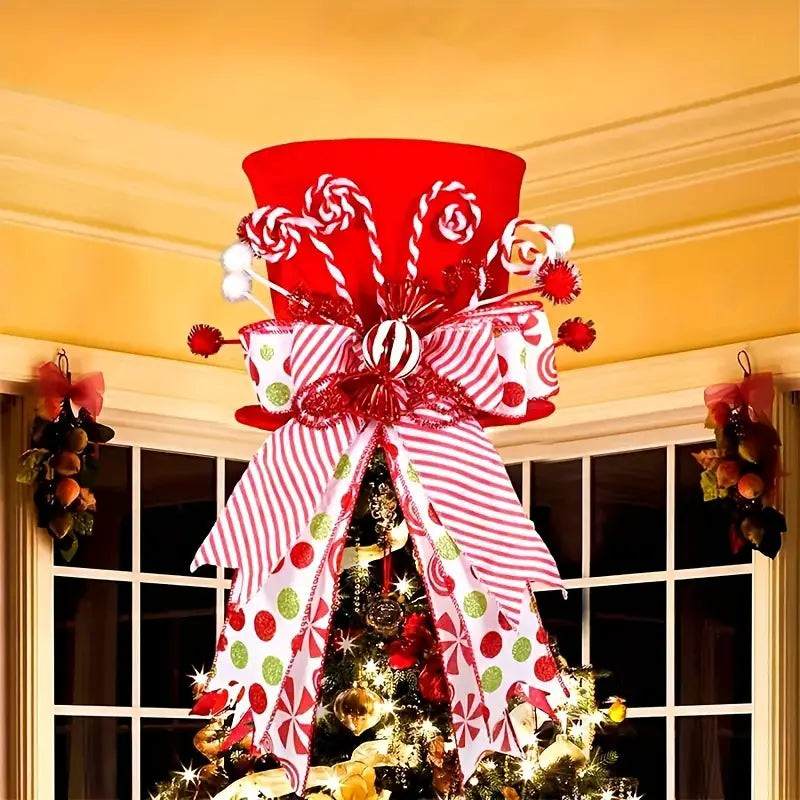Classic Christmas Tree Topper Hat with Candy Cane Bow Ribbon Decoration