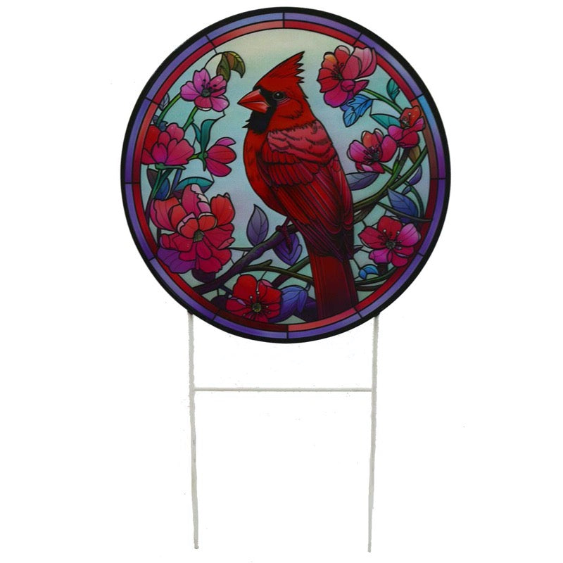 Metal Stained Red Bird On Pole
