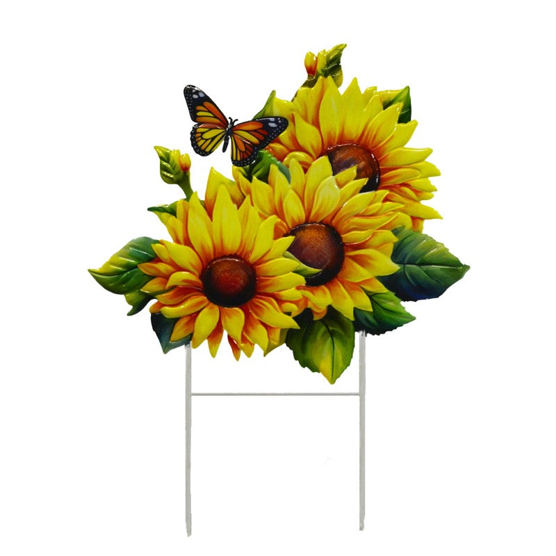 Metal Sunflower with Butterfly On 2 Poles