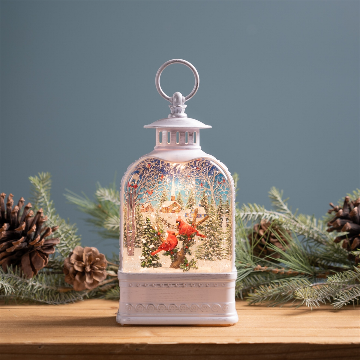 LED Snow Globe Lantern with Cardinal Forest Scene 10.5"H -Ship Only