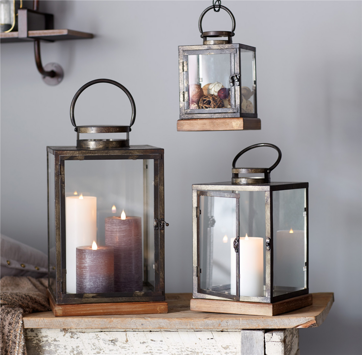 Metal Box Lantern with Wood Base (Set of 3) -Ship Only