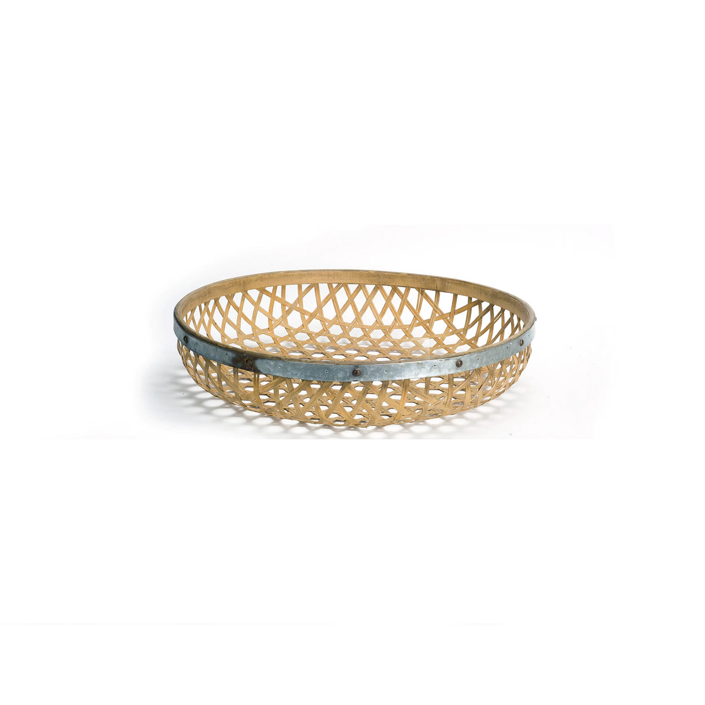 Round Woven Bamboo Tray with Galvanized Metal Accent (Set of 3) -Ship Only