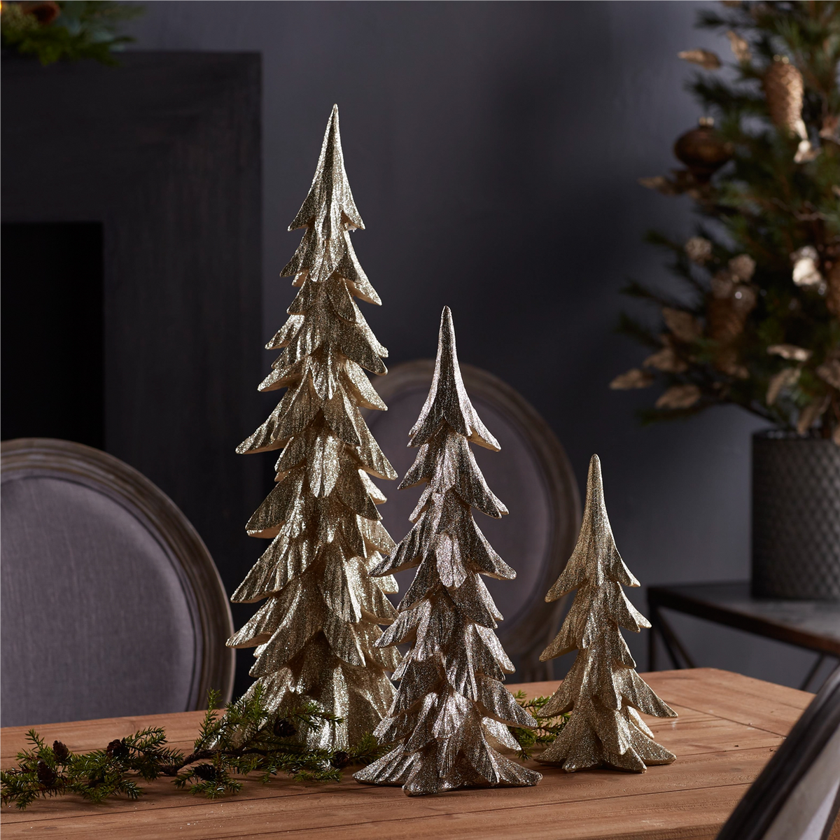 Gold Shimmer Tabletop Holiday Tree (Set of 3) -Ship Only