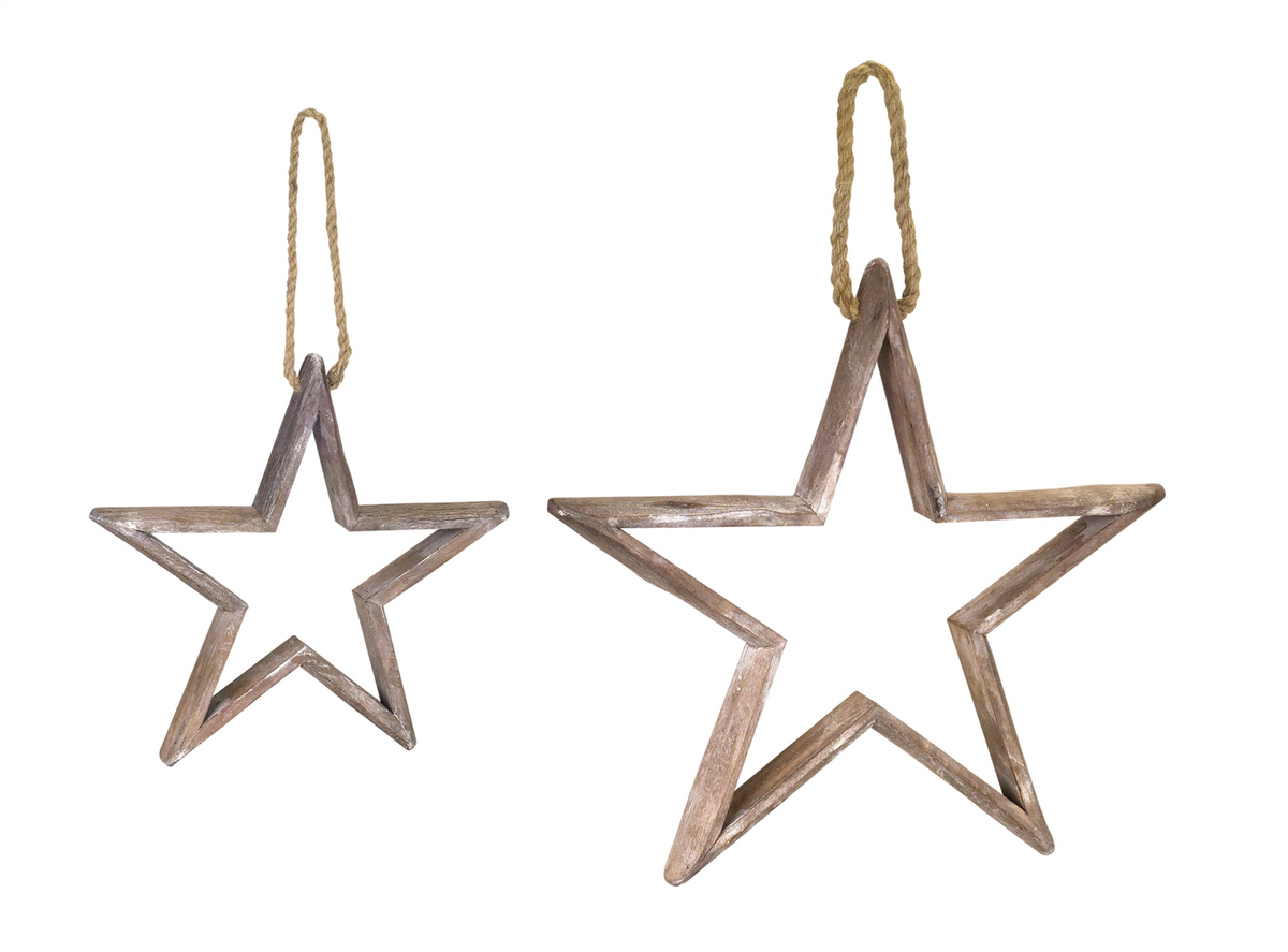 Natural Wooden Star Ornament with Jute Hanger (Set of 4) -Ship Only