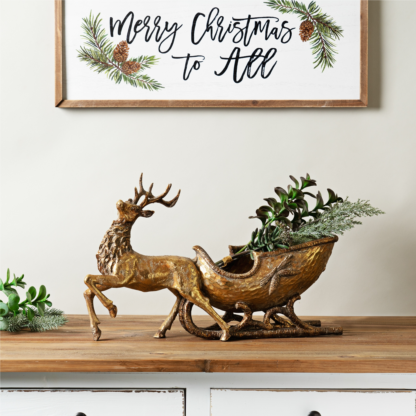 Bronze Metal Deer with Sleigh Display 19"L -Ship Only