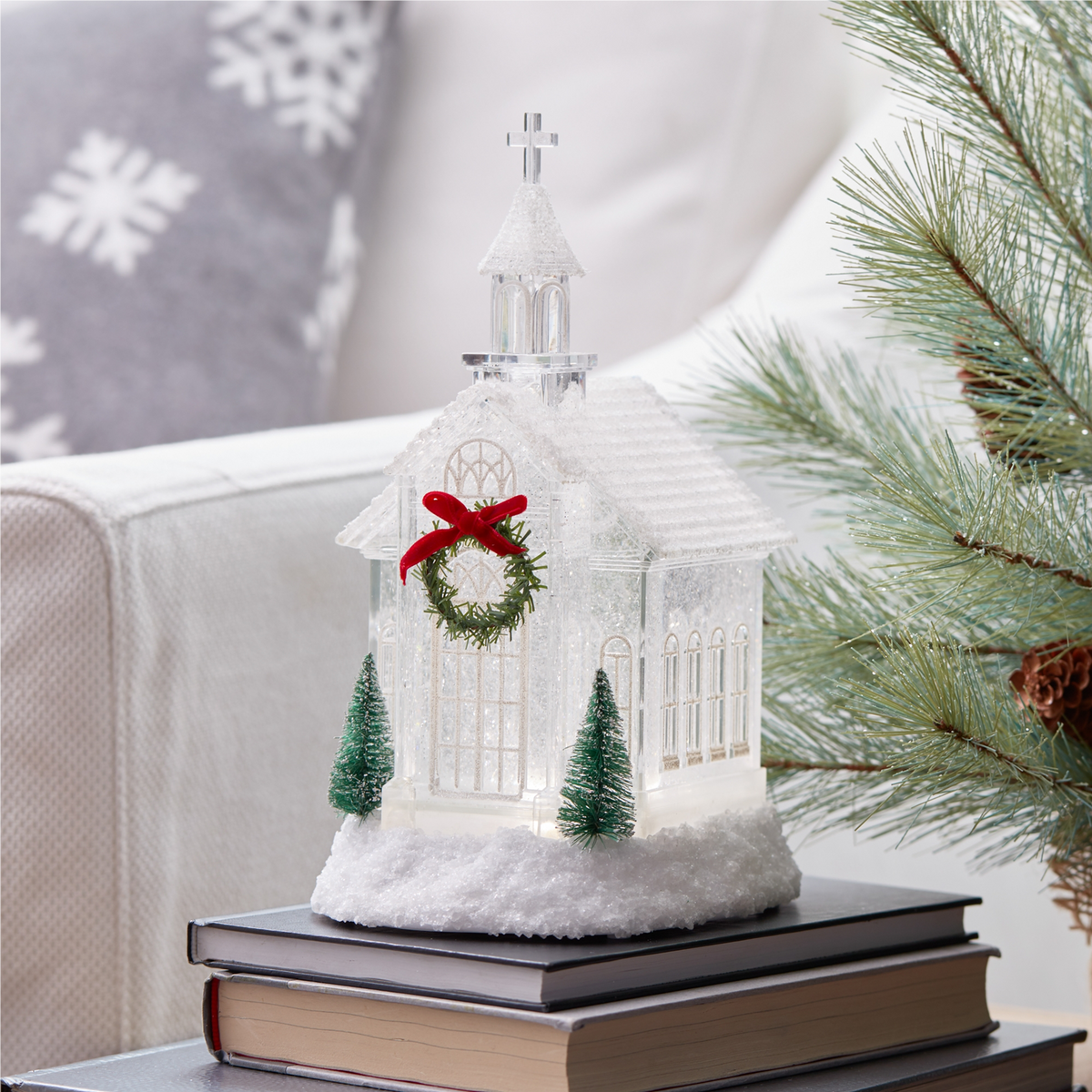 LED Church Snow Globe with Pine Accents 10.5"H -Ship Only