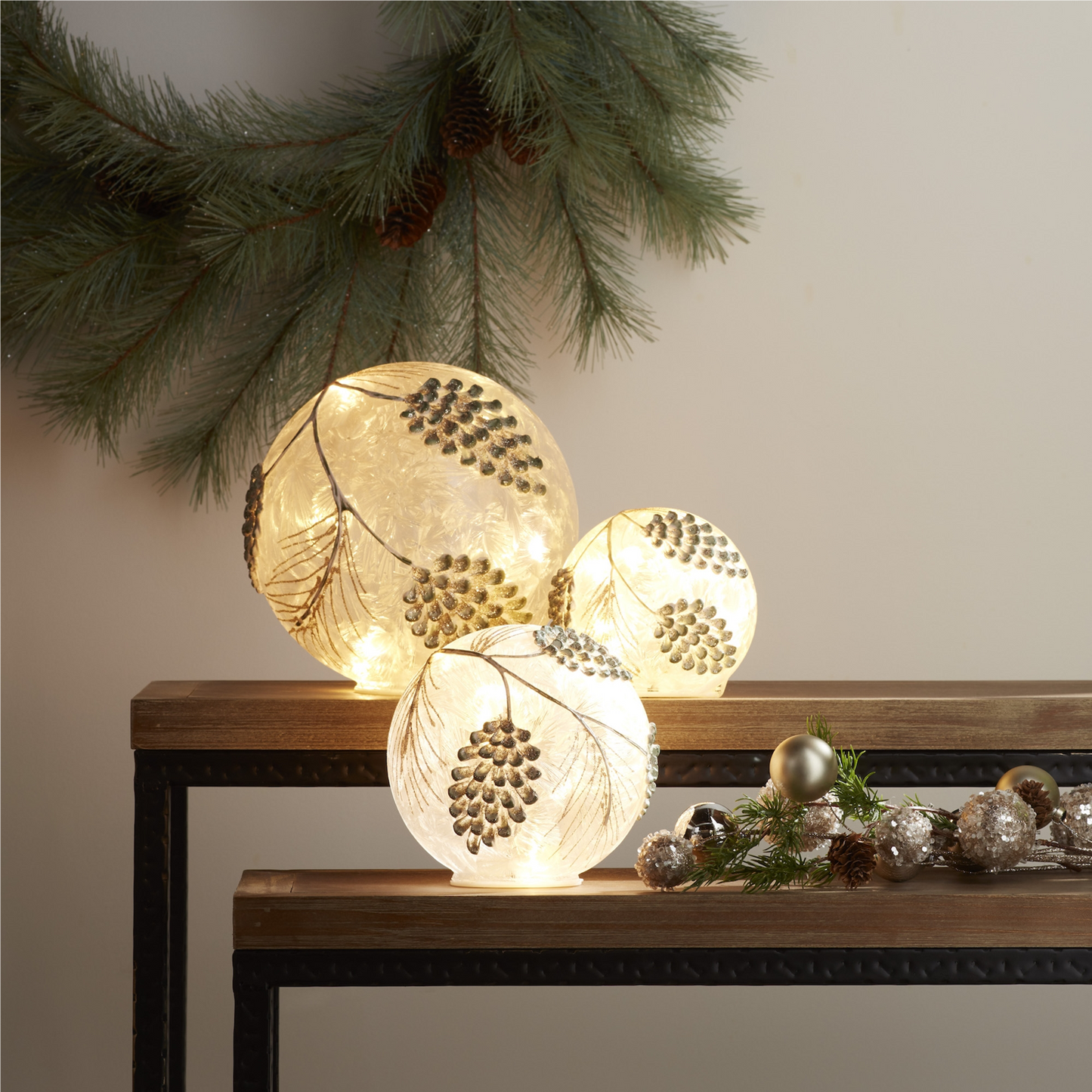 LED Frosted Gold Pinecone Orb (Set of 3) -Ship Only