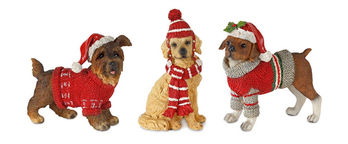 Winter Dog Figurine with Hat and Sweater Accent (Set of 6) -Ship Only