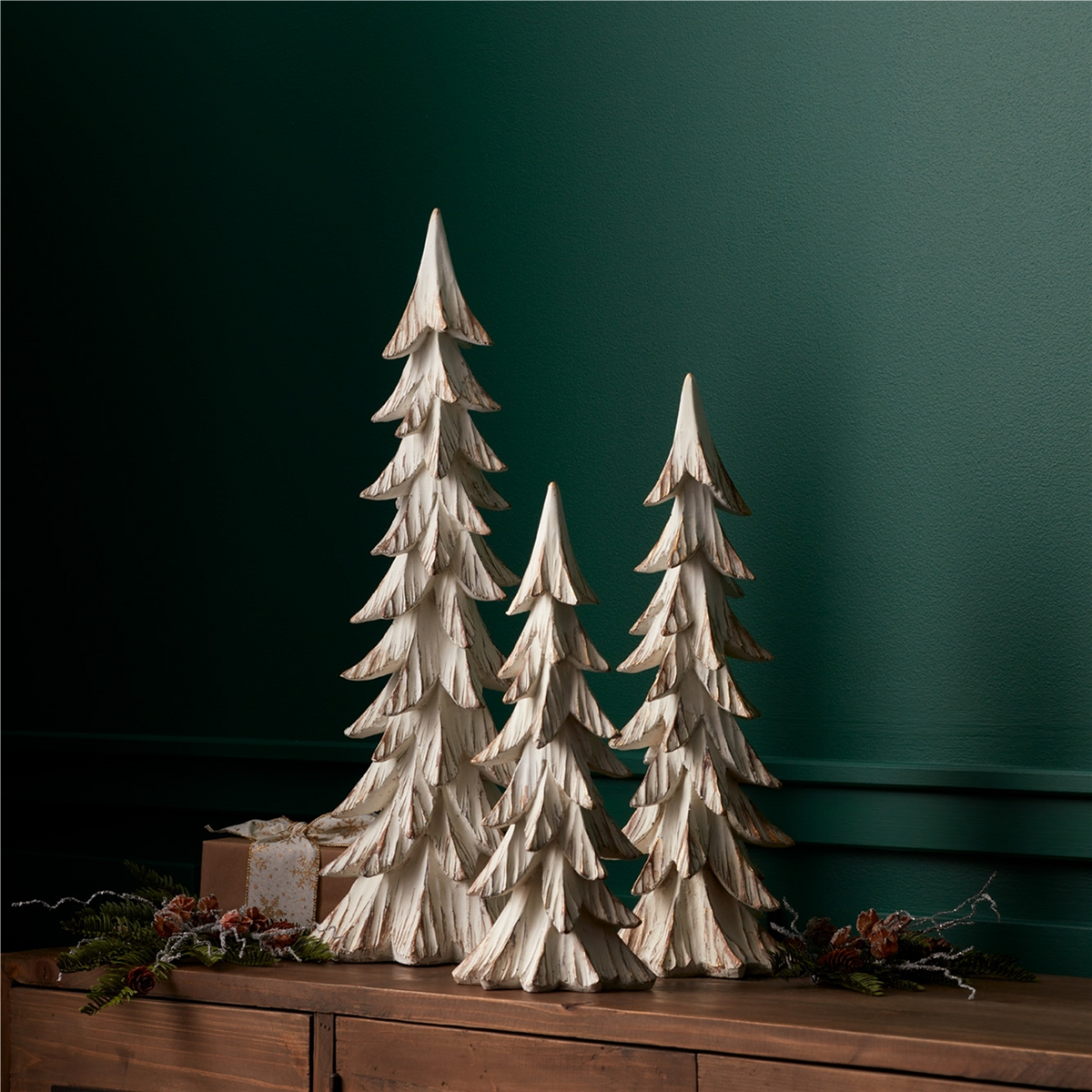 Carved Wood Design Pine Tree Decor (Set of 3) -Ship Only