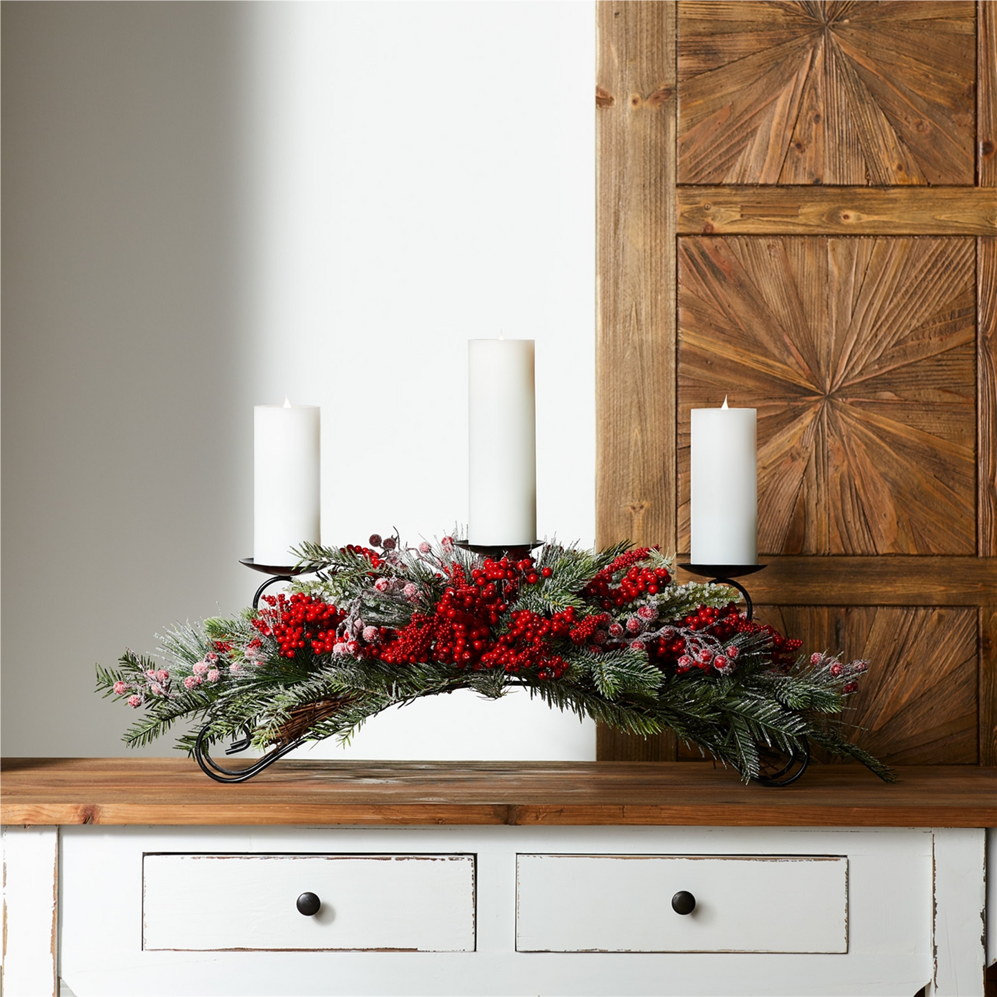 Frosted Pine and Mixed Berry Centerpiece Candle Holder 31"L -Ship Only