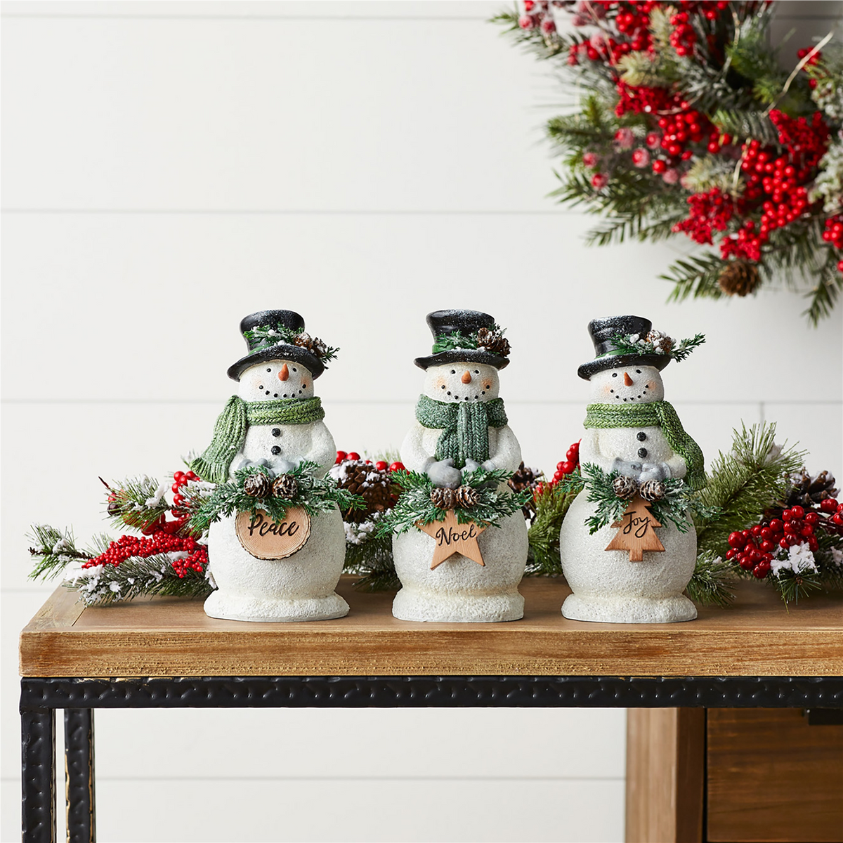 Holiday Snowman Figurine with Frosted Pine Accent (Set of 3) -Ship Only