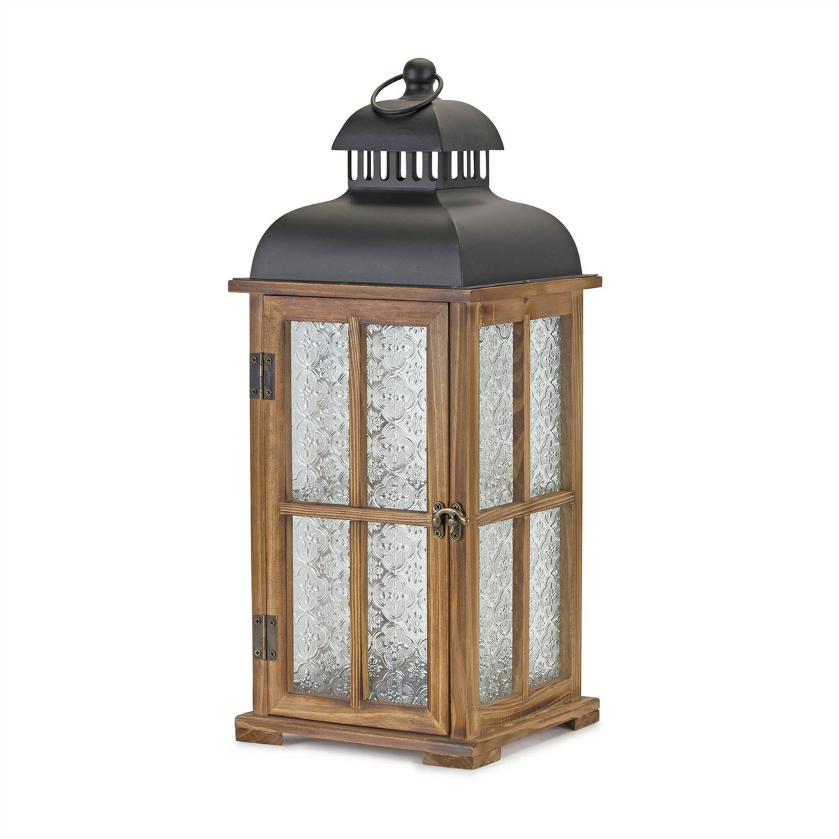 Natural Wood Lantern with Ornate Frosted Glass (Set of 2) -Ship Only