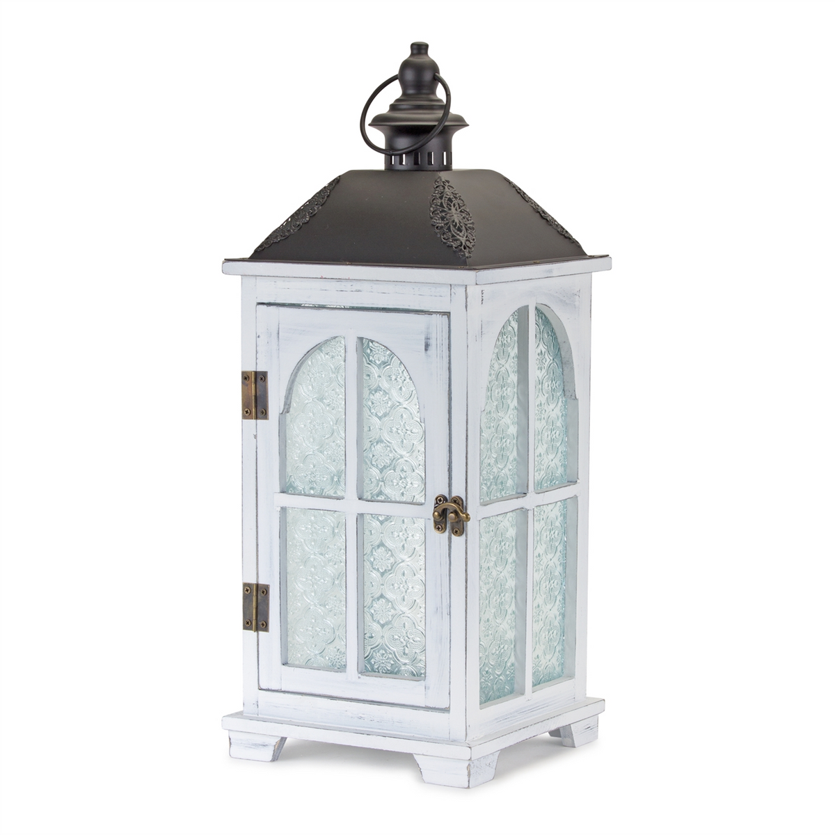 White Wood Lantern with Ornate Frosted Glass (Set of 2) -Ship Only