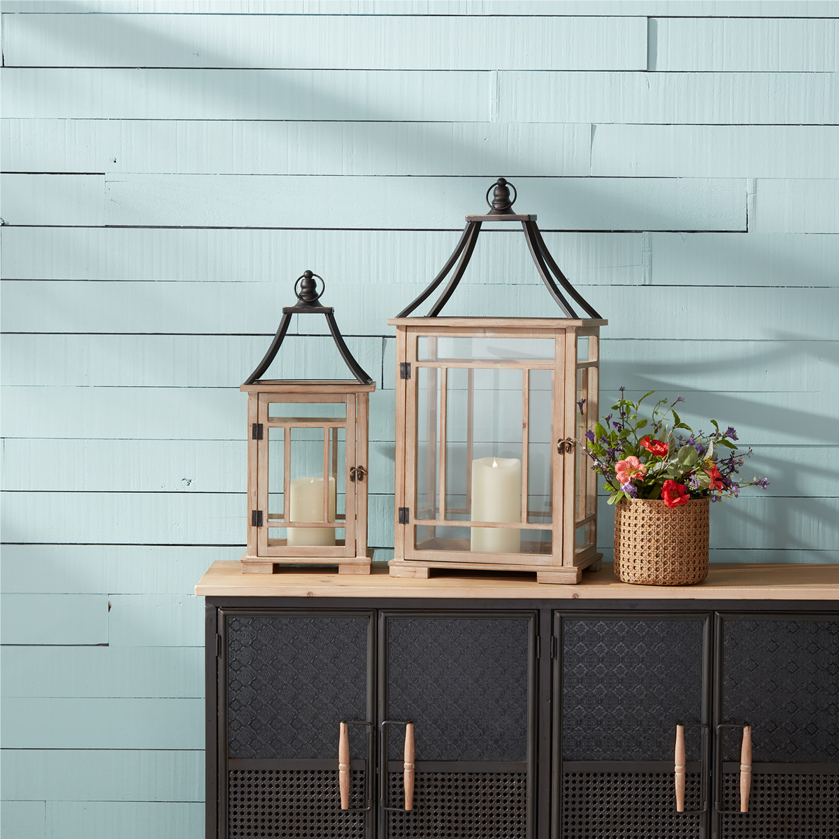 Natural Wood Lantern with Open Metal Lid (Set of 2) -Ship Only