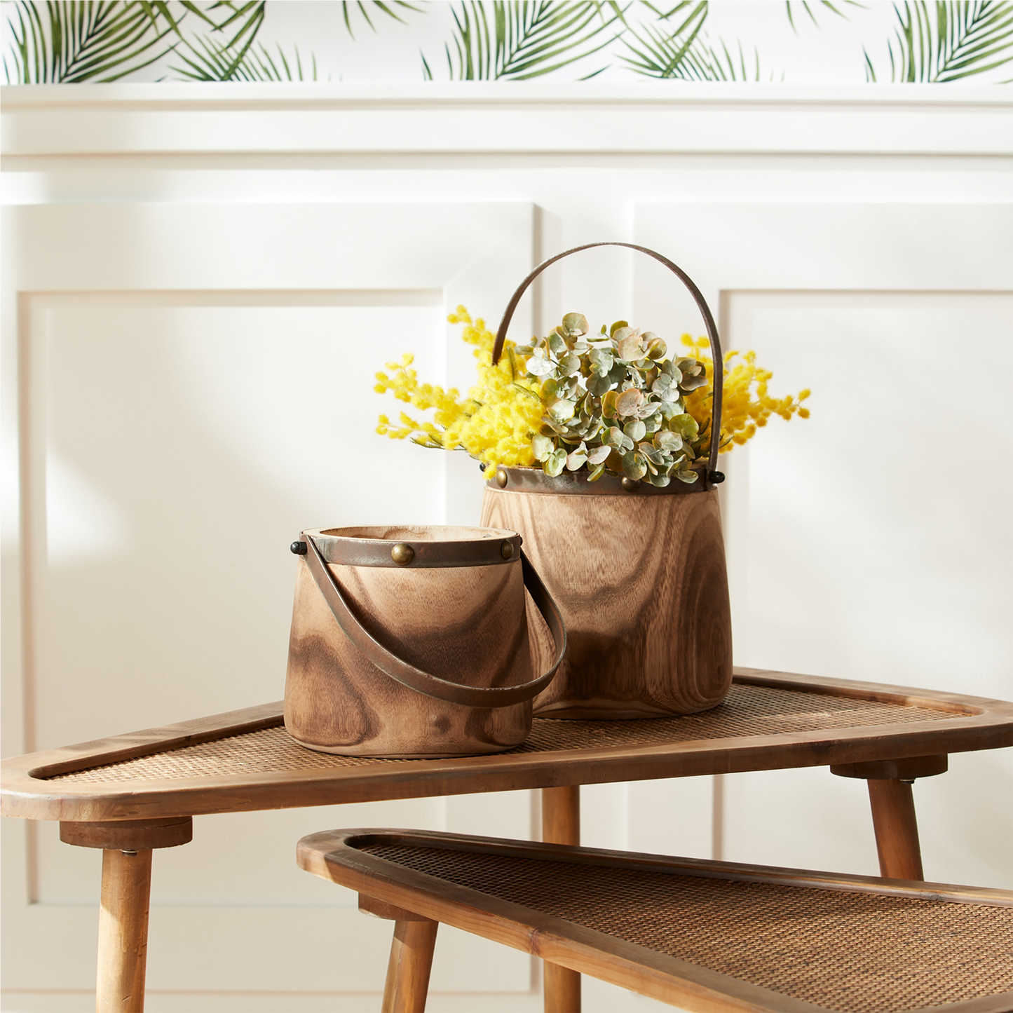 Natural Wooden Pail Planter with Metal Handle Accent (Set of 2) -Ship Only
