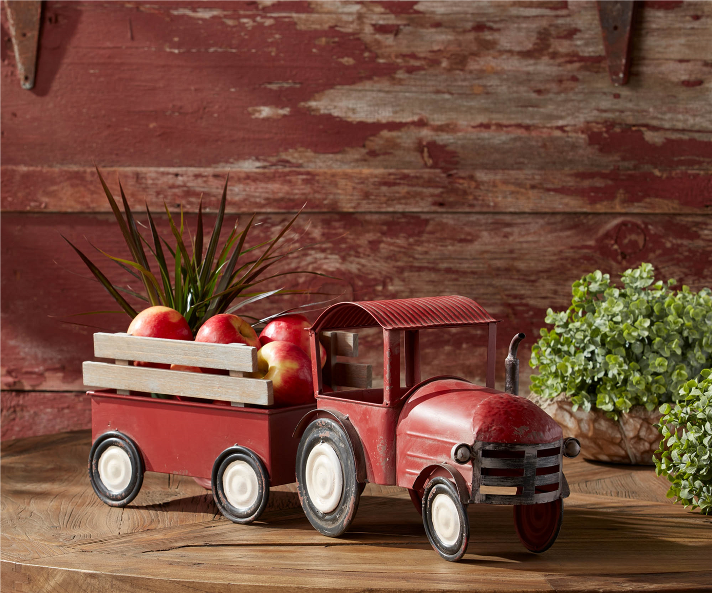 Iron Metal Tractor with Wagon Decor with Wood Accents 27.5"L -Ship Only