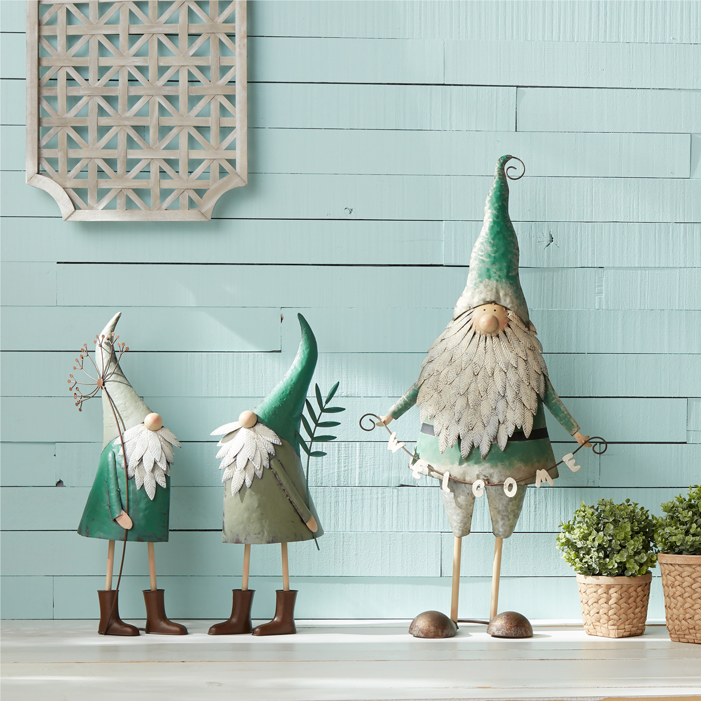 Iron Metal Standing Garden Gnome with Flower (Set of 2) -Ship Only