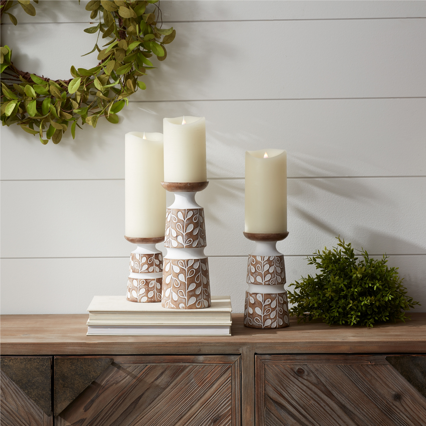 Leaf Pattern Candle Holder with Wood Design (Set of 3) -Ship Only