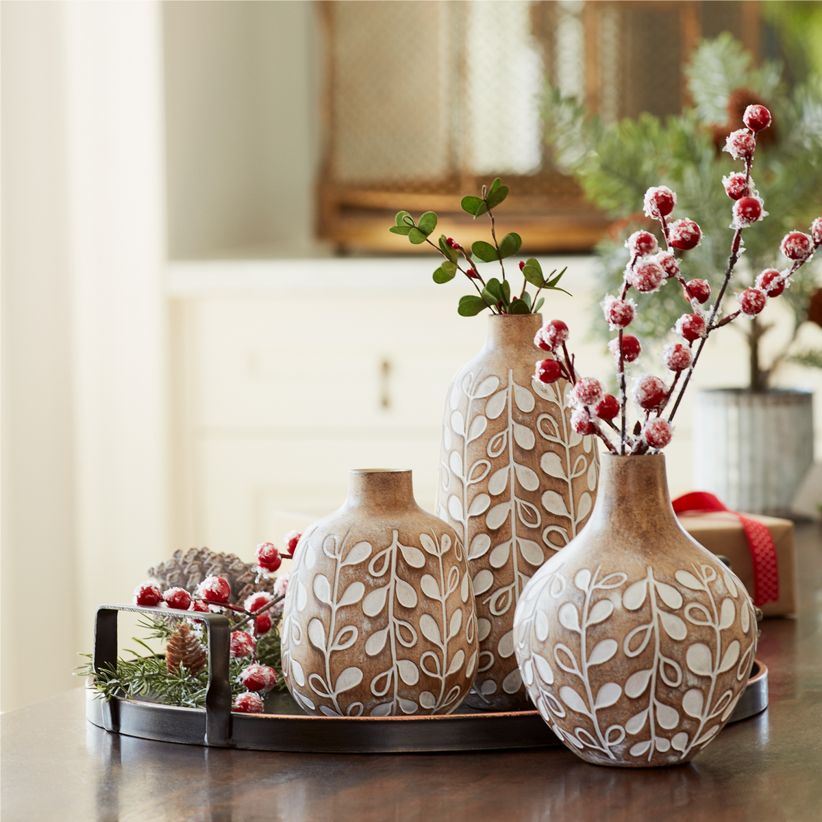 Leaf Print Vase with Wood Design (Set of 3) -Ship Only