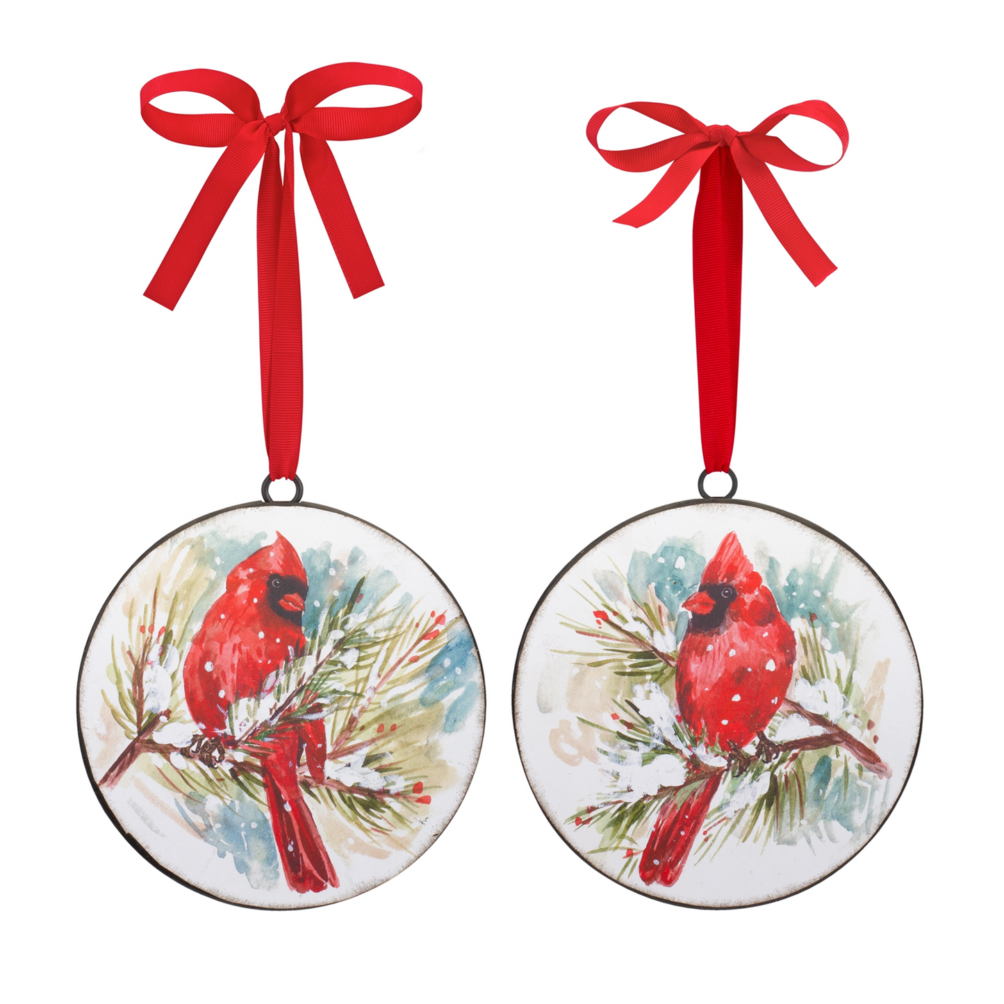 Winter Cardinal and Pine Branch Disc Ornament (Set of 12) -Ship Only