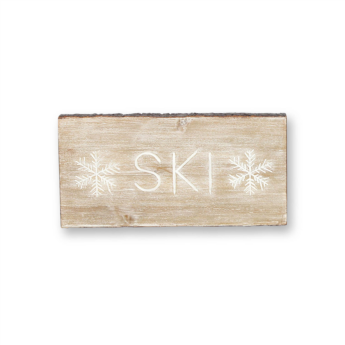 Wood Ski and Snow Sentiment Block with White Washed Design (Set of 2) -Ship Only