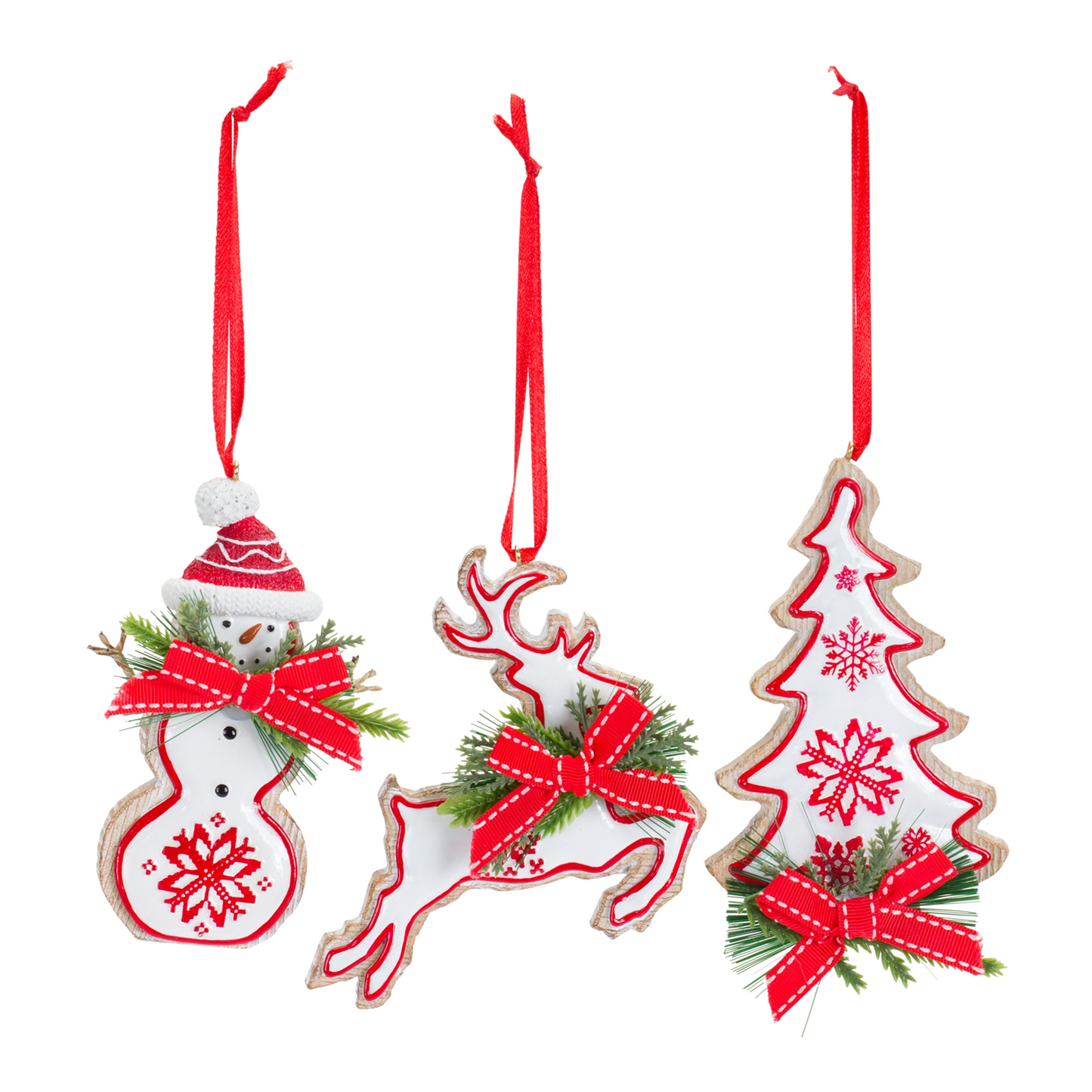 Nordic Snowflake Character Tree Ornament with Pine Bow Accent (Set of 6) -Ship Only