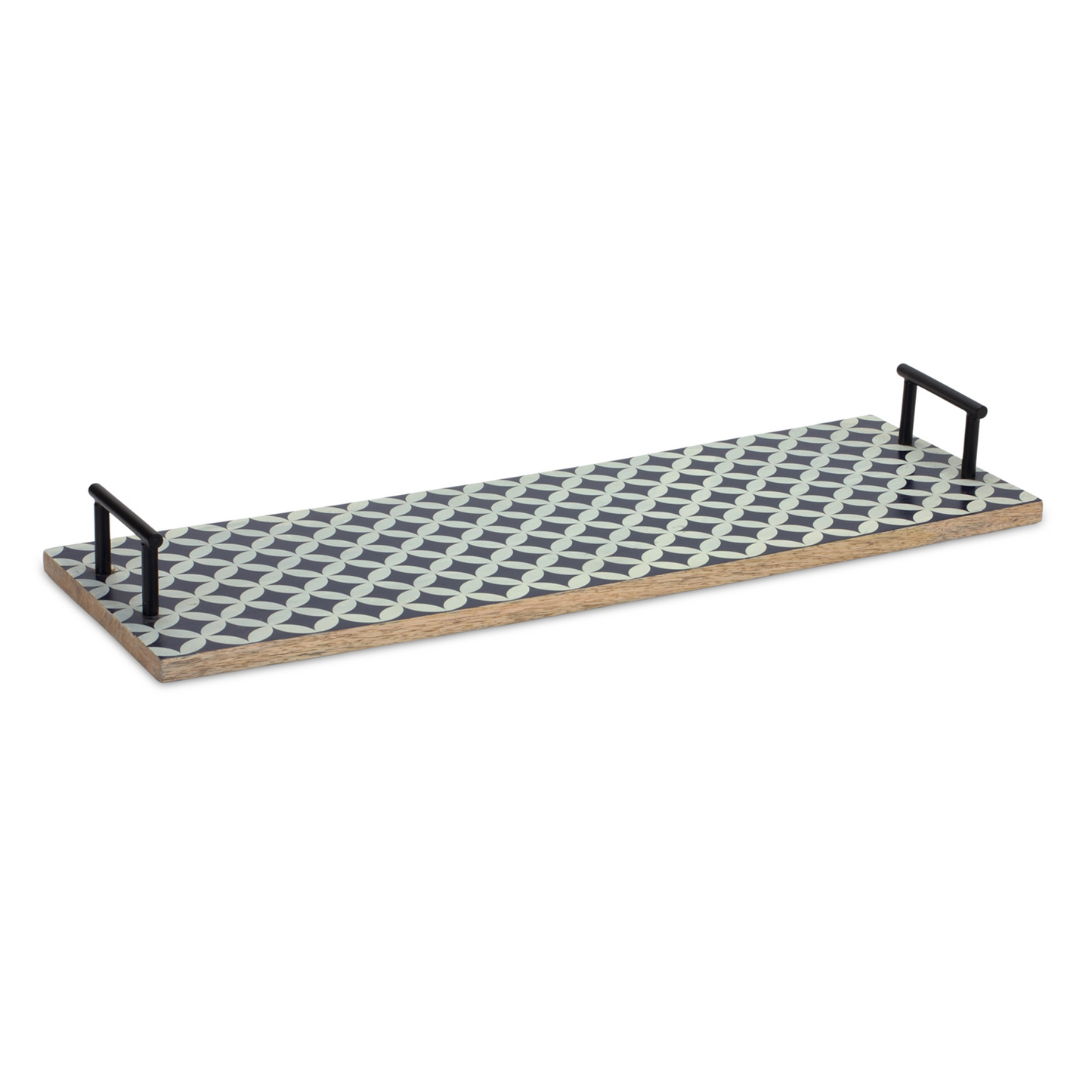 Mango Wood Tray with Geometric Design and Metal Handle Accents (Set of 2) -Ship Only