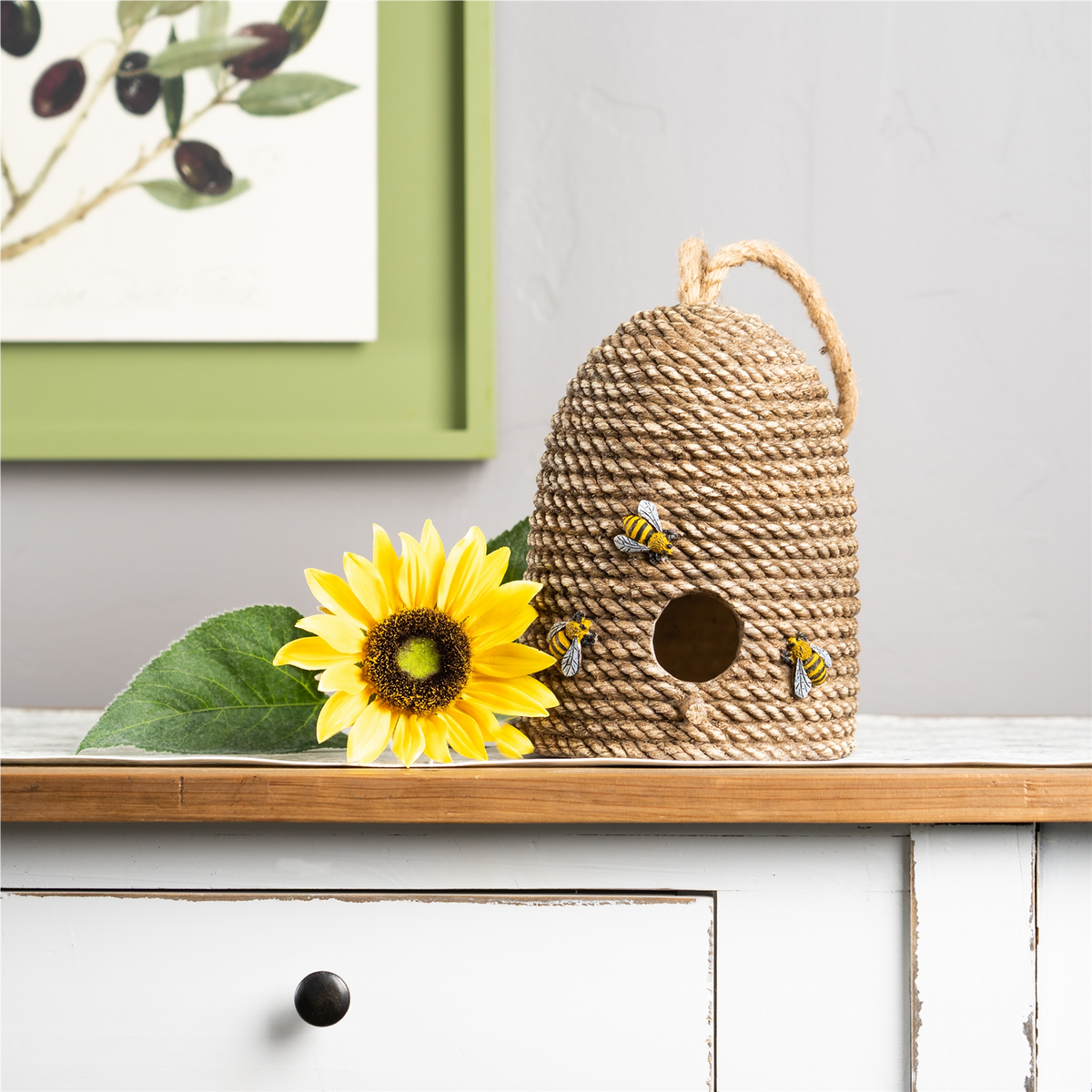 Hanging Bee Hive Bird House with Rope Accent 8.5"H -Ship Only
