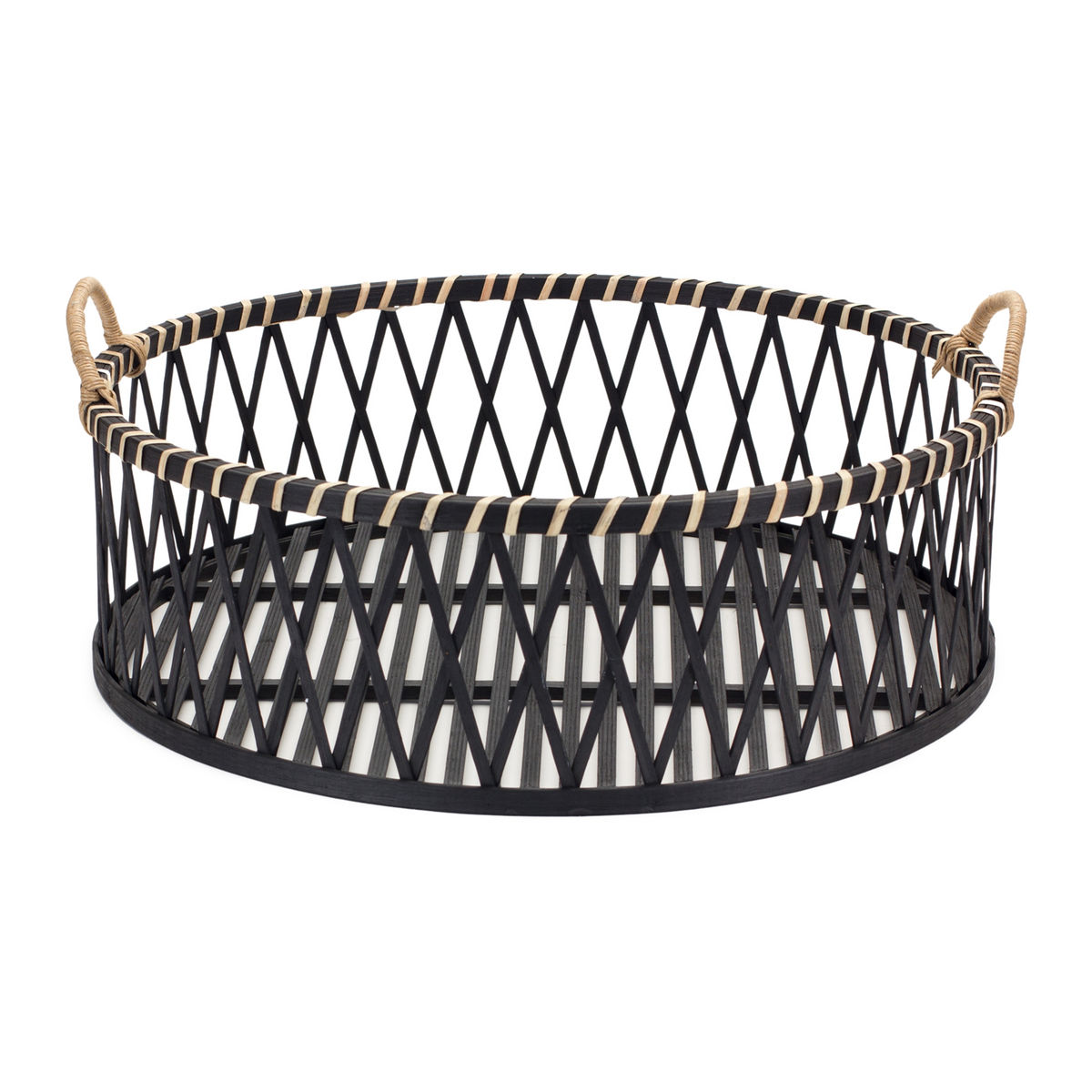 Round Woven Bamboo Trays with Rattan Handle Accent (Set of 2) -Ship Only