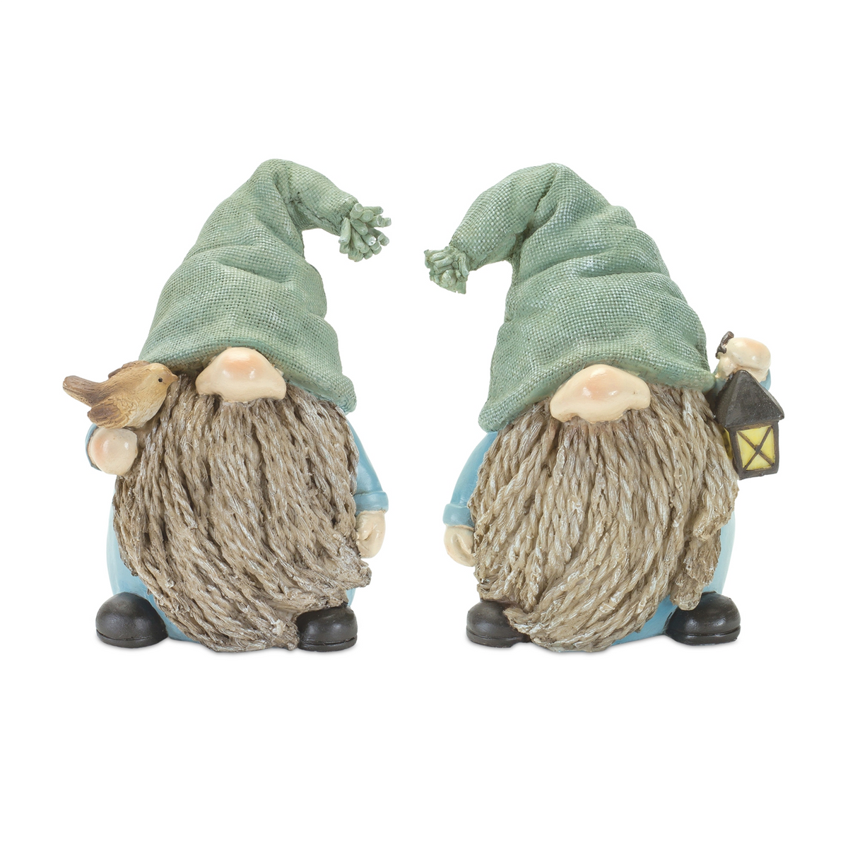 Stone Garden Gnome Figurine with Bird and Lantern Accent (Set of 4) -Ship Only