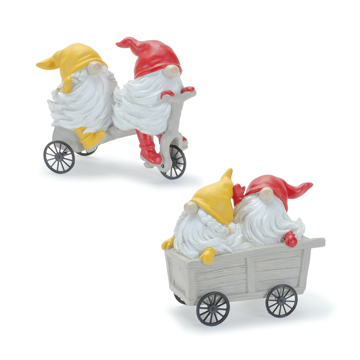 Whimsical Garden Gnome Figurine Riding a Scooter and Wheelbarrow (Set of 4) -Ship Only