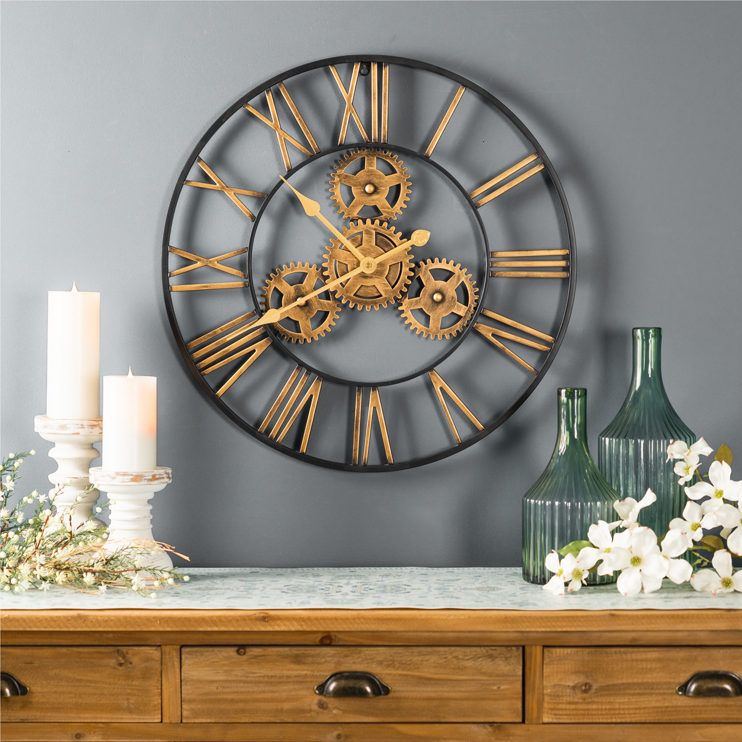 Industrial Iron Gears Wall Clock with Roman Numerals 23.75"D -Ship Only
