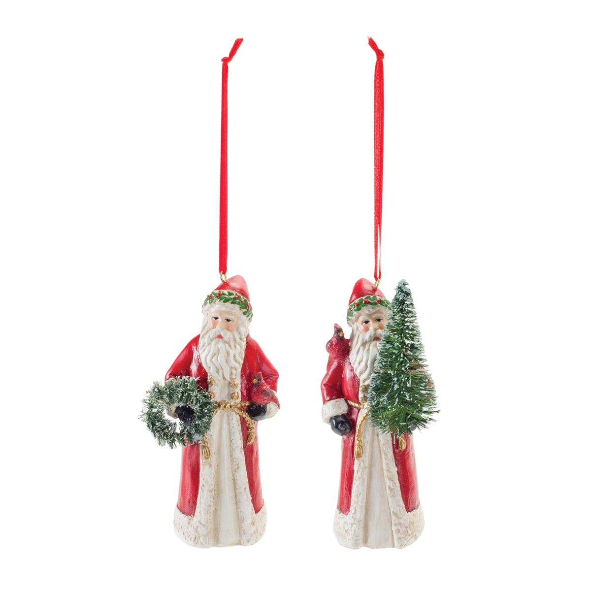 Santa w/Cardinal Ornament (Set of 6) 4.5”H Resin -Ship Only