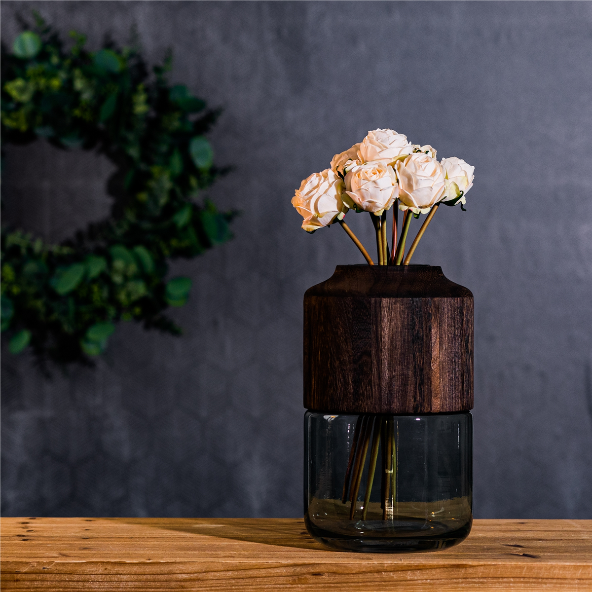 Sage Glass Vase with Wood Accent 11"H -Ship Only