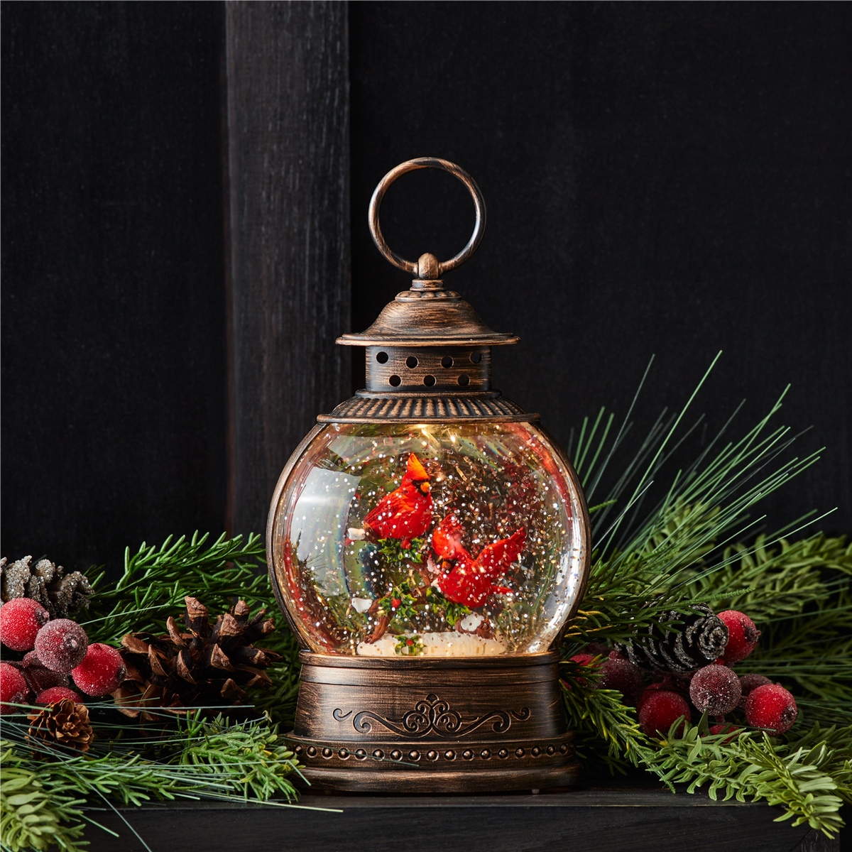 LED Snow Globe Lantern with Cardinal Bird Couple 8.25"H -Ship Only