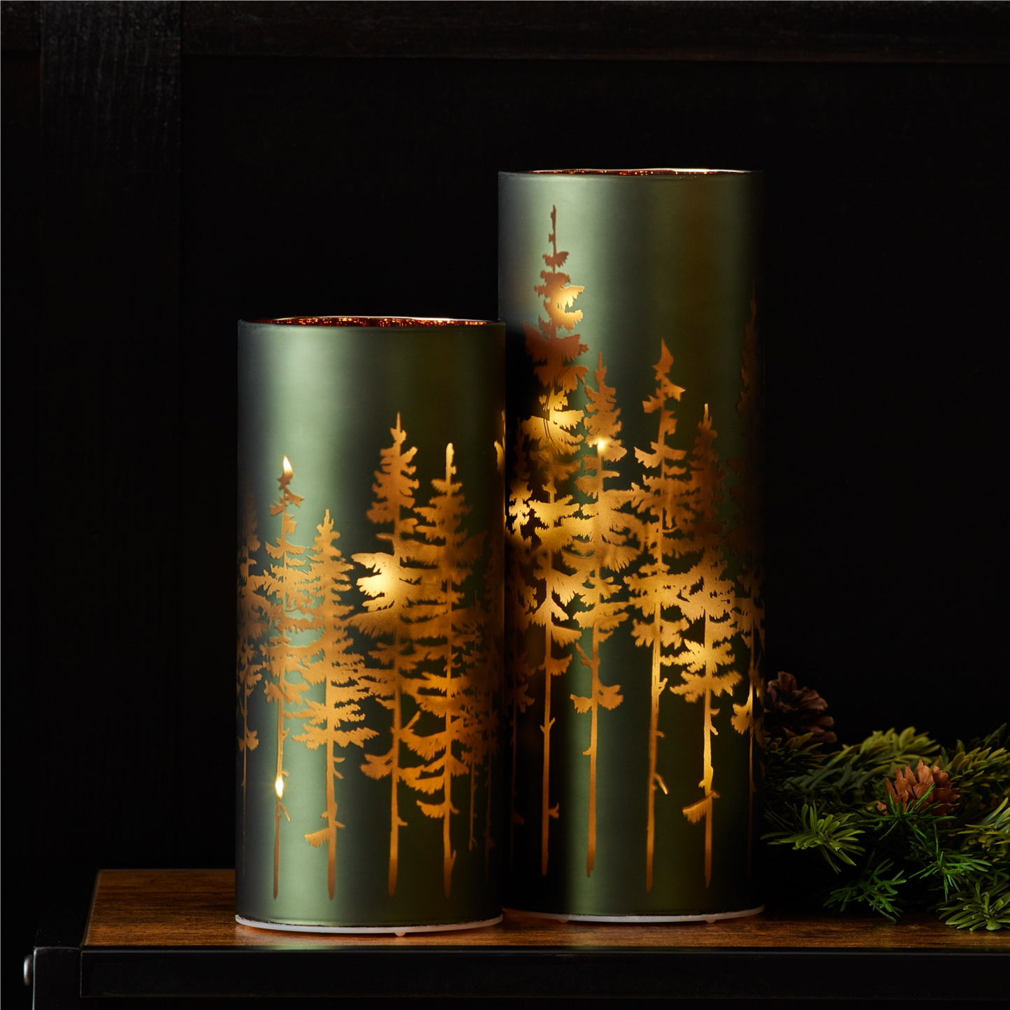 Frosted Pine Trees Glass Candle Holder (Set of 2) -Ship Only