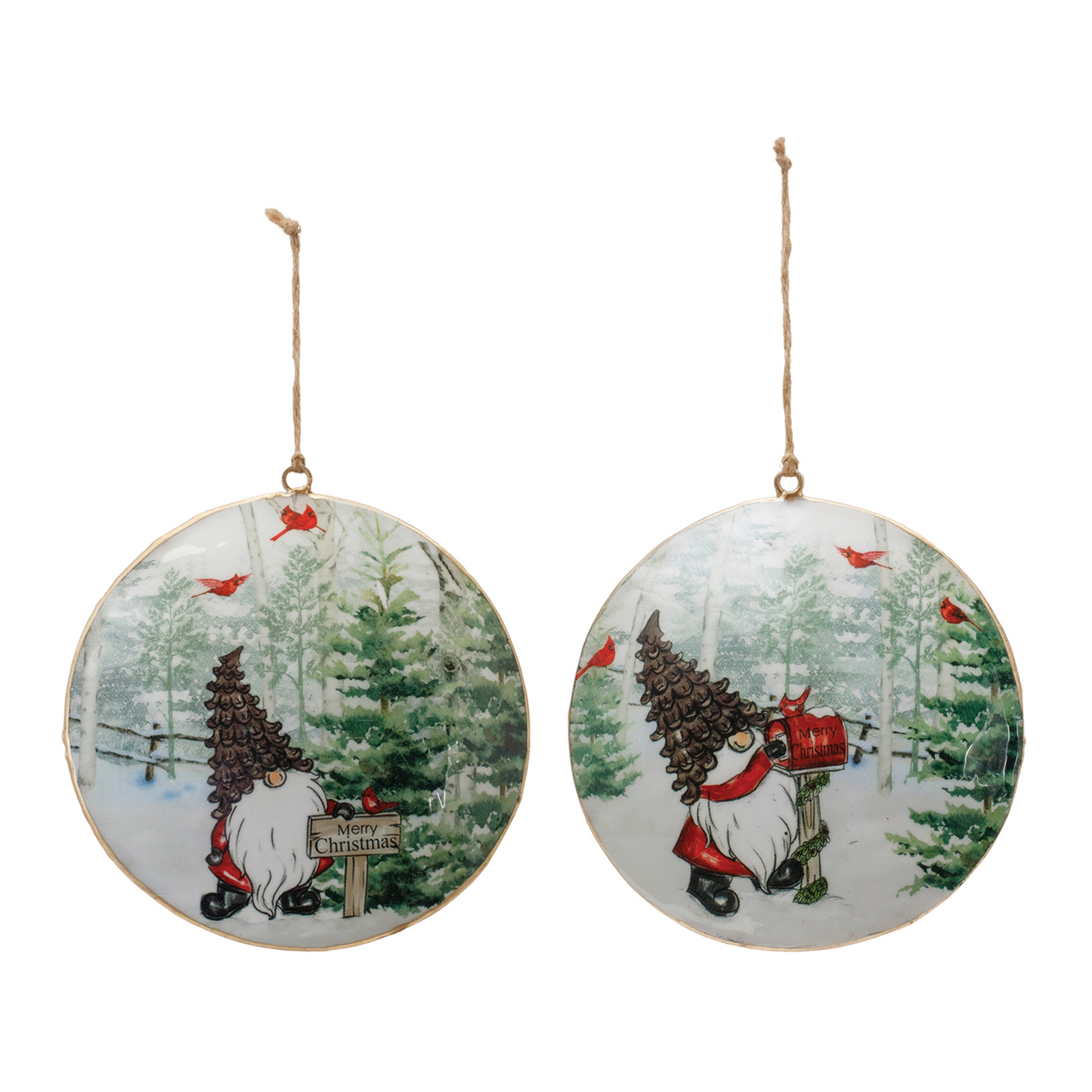 Metal Gnome Cardinal Forest Disc Ornament (Set of 6) -Ship Only
