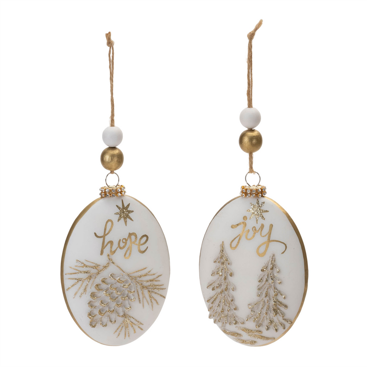 Glittered Glass Hope and Joy Ornament with Wood Beads (Set of 12) -Ship Only