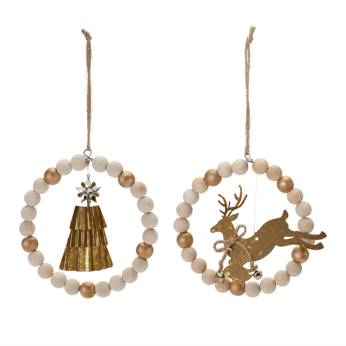 Beaded Wood Tree and Deer Ornament (Set of 6) -Ship Only