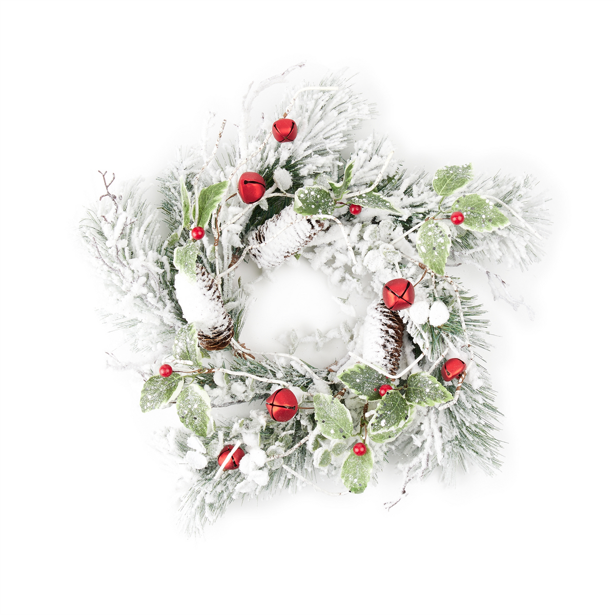Flocked Pine/Bell Candle Ring 18"D PVC (Fits a 6" Candle) -Ship Only