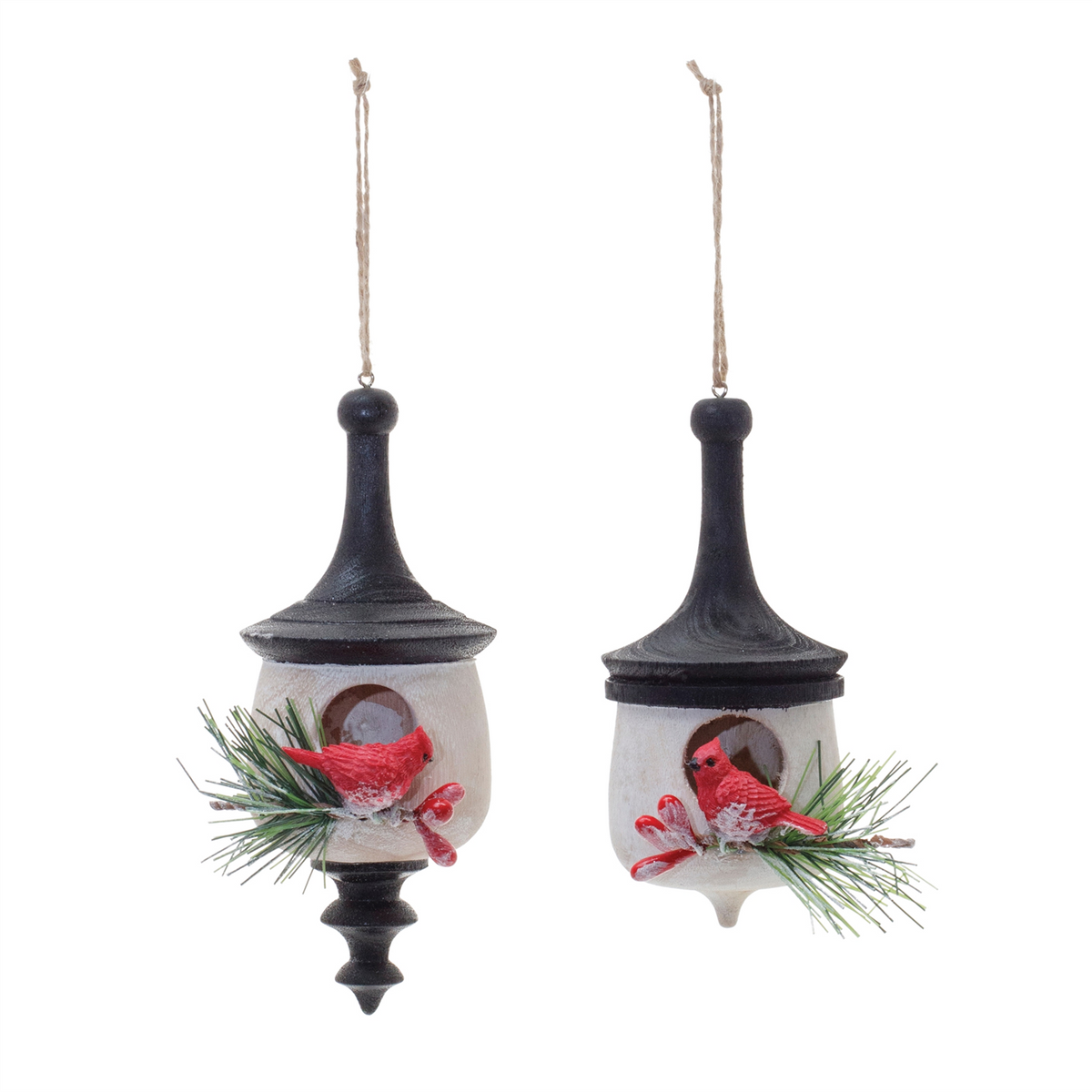 Wood Finial Birdhouse with Cardinal Ornament (Set of 6) -Ship Only