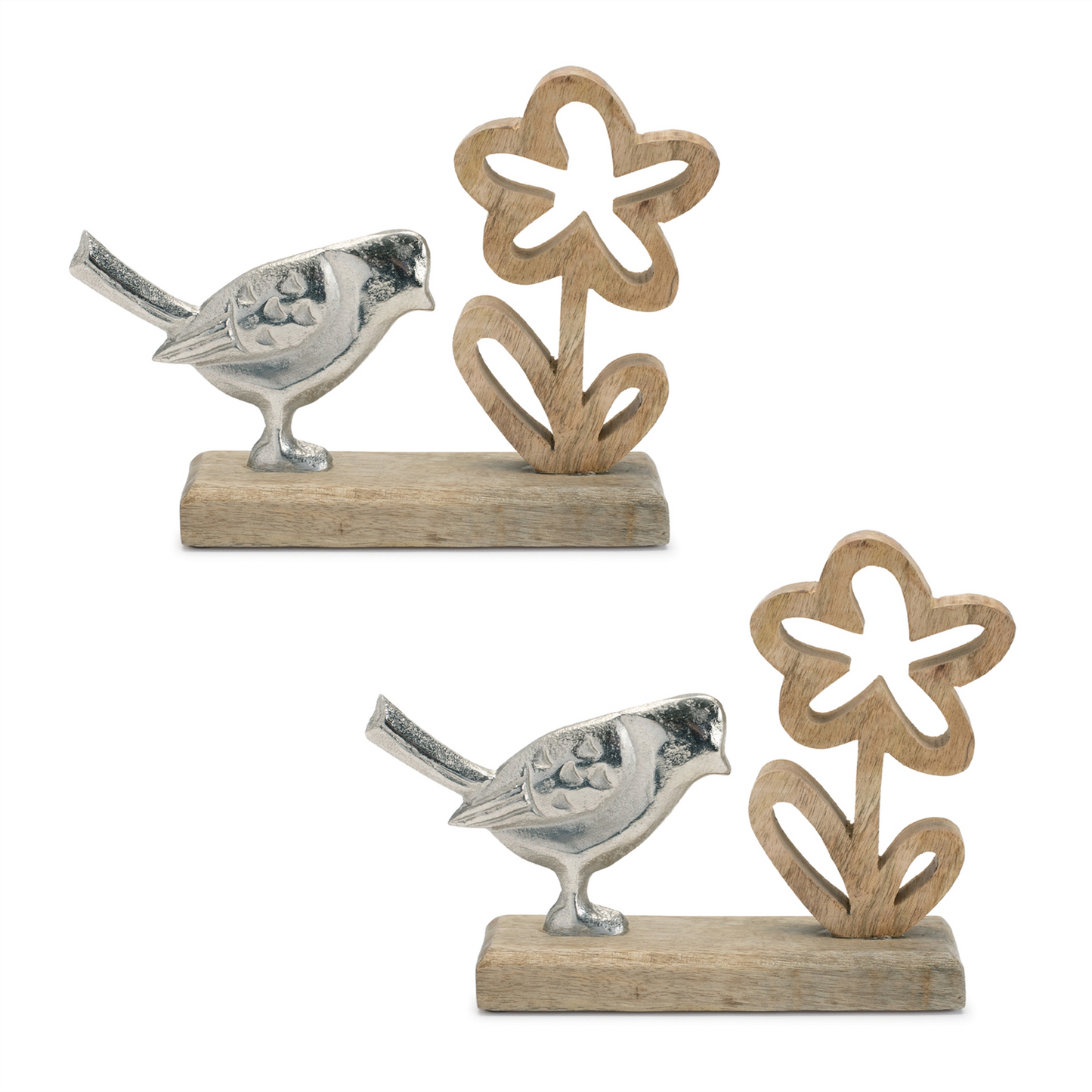 Metal Bird and Flower on Wood Base (Set of 2) -Ship Only