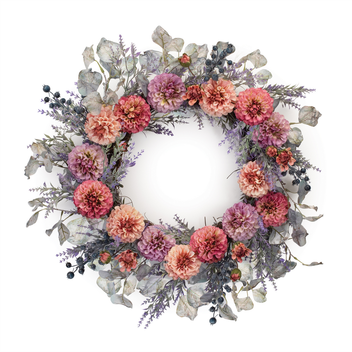 Mixed Zinnia Wreath 24”D Polyester/Twig -Ship Only