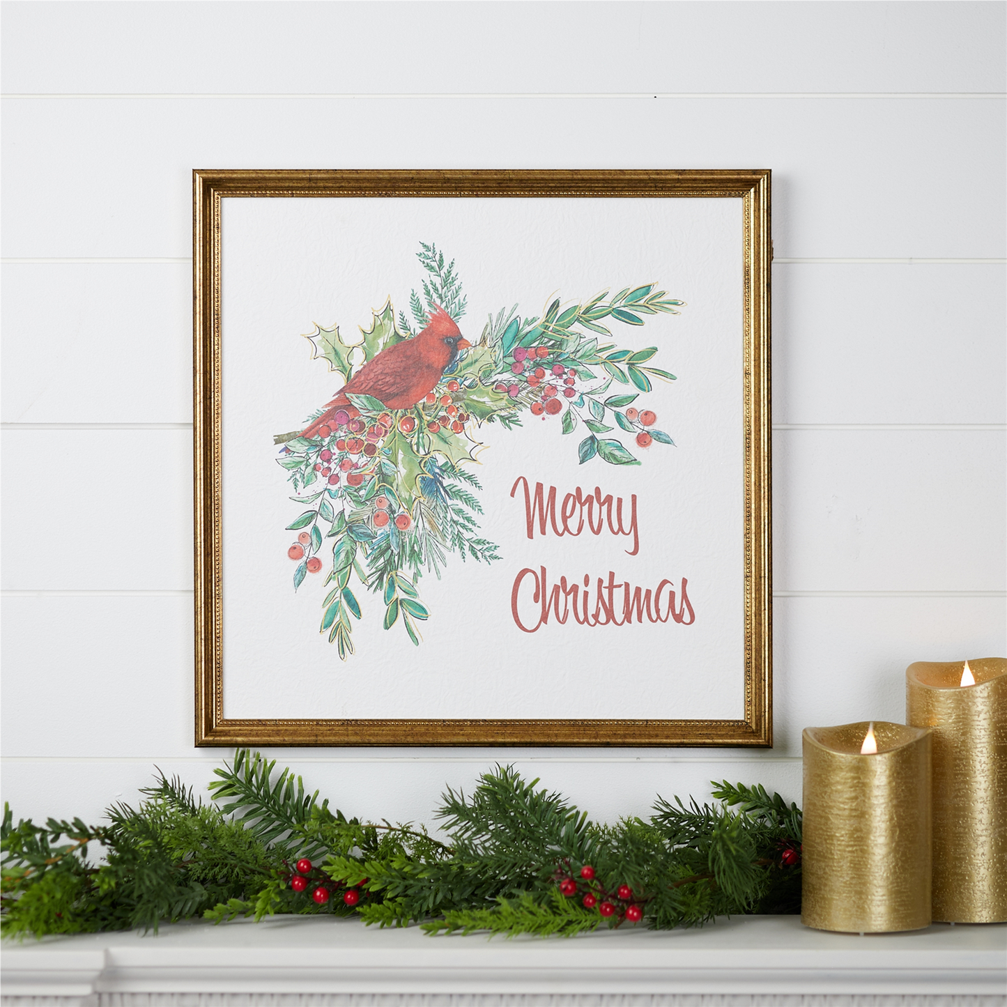 Framed Merry Christmas Cardinal Print 16"SQ -Ship Only